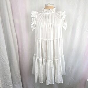 Monica Nera Luna Dress White Cottin Babydoll Flutter Sleeve Size M High Neck